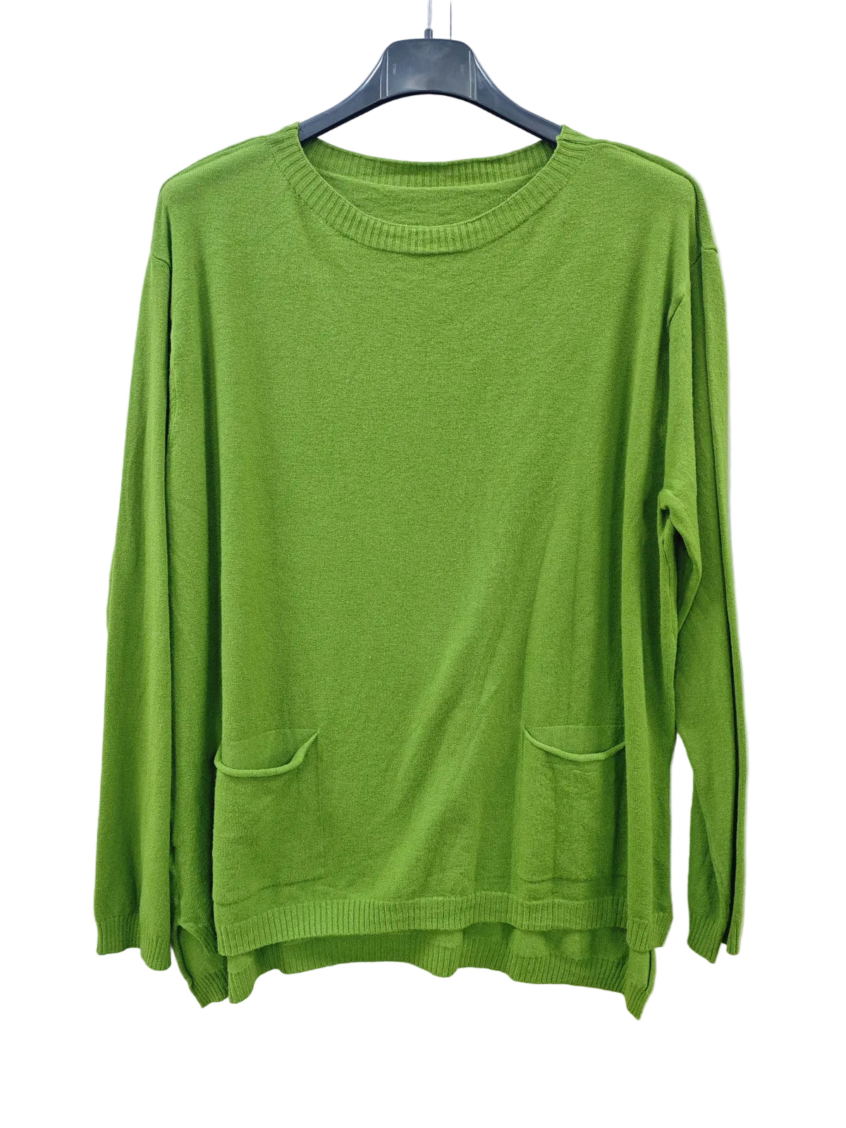 A bright green long-sleeve knit sweater with two front patch pockets, 