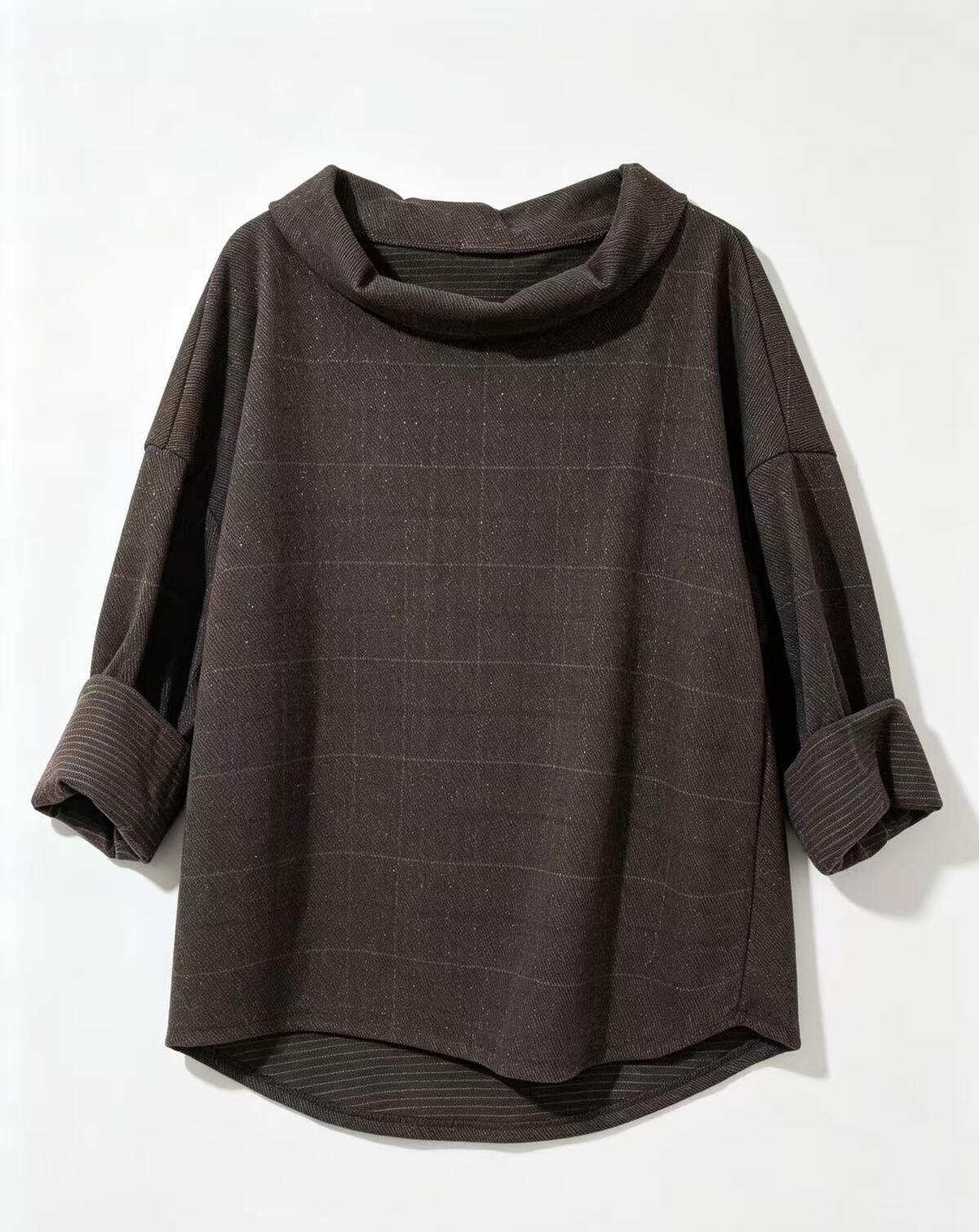 A dark brown cowl-neck top with a subtle windowpane plaid pattern, featuring rolled-up three-quarter sleeves with ribbed cuffs, shown against a plain white background.