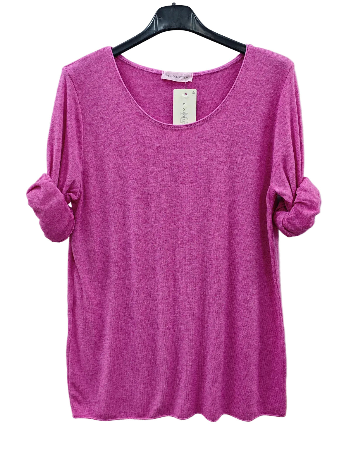 A bright pink heathered knit top with a wide scoop neckline and rolled sleeves