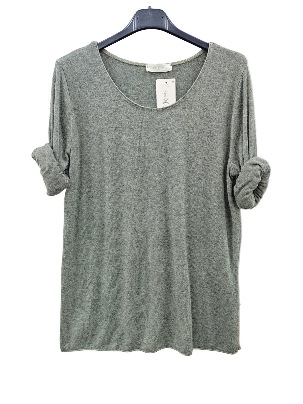 A heathered sage green knit top with a wide scoop neckline and rolled sleeves, hanging on a black hanger 