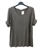 A dark brown heathered knit top with rolled-up sleeves, hanging on a black hanger 