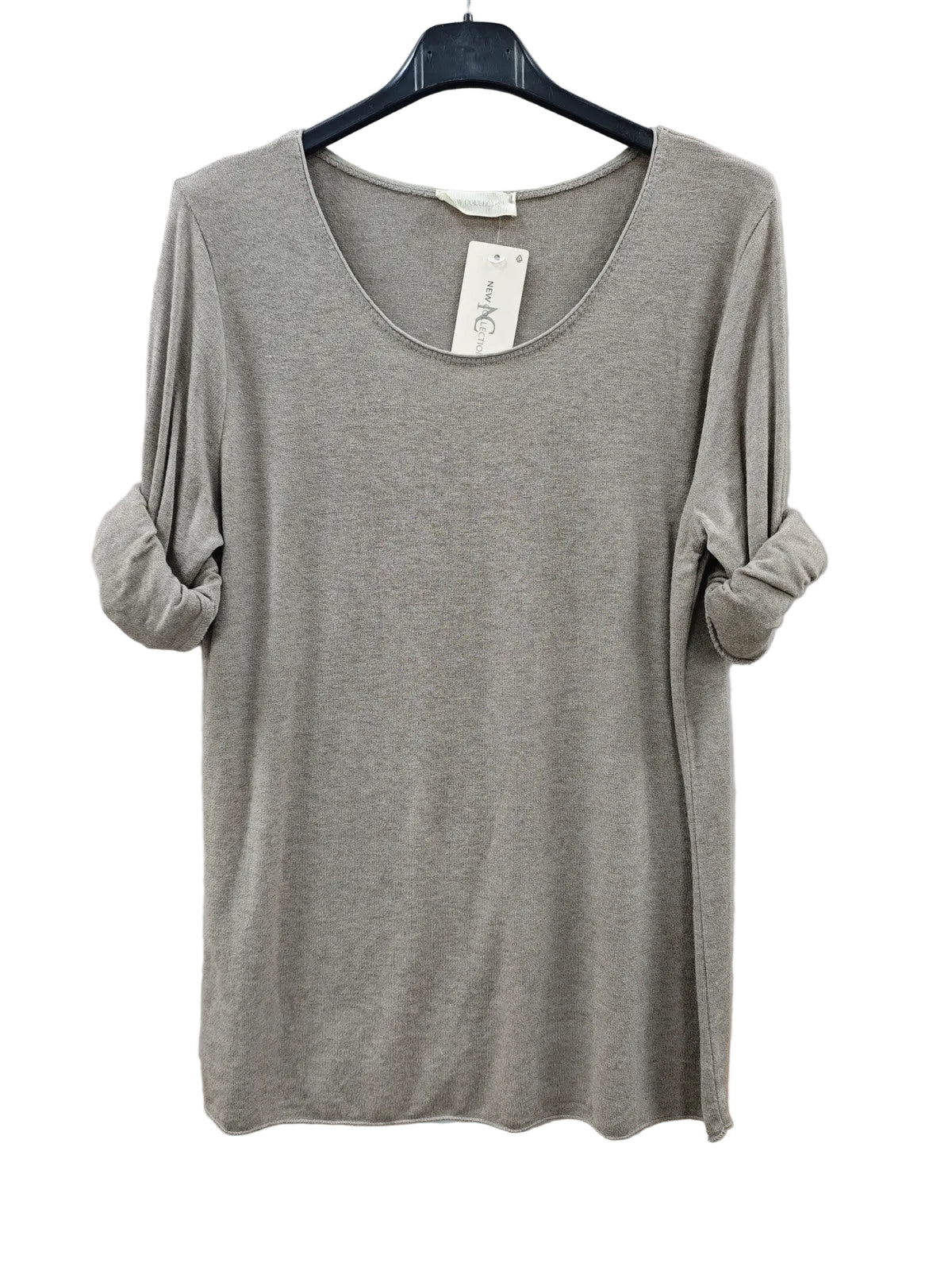 A light gray heathered knit top with a wide scoop neckline and rolled three-quarter sleeves, 