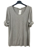 A light gray heathered knit top with a wide scoop neckline and rolled three-quarter sleeves, 