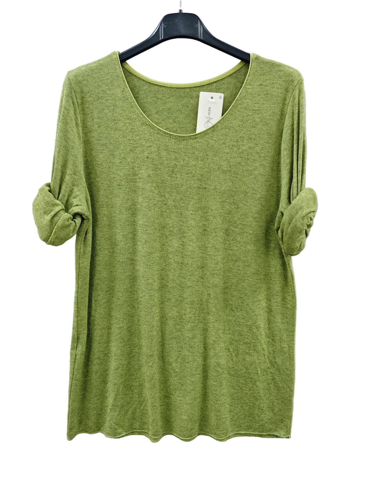 An olive green knit top with rolled sleeves, 