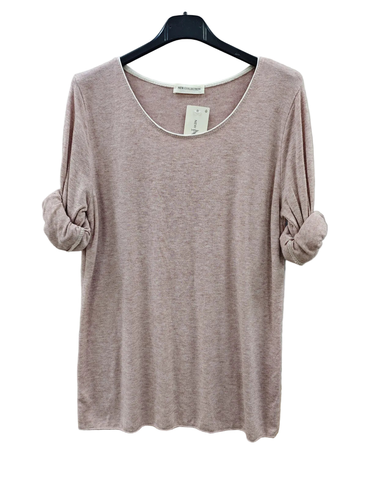 A dusty rose pink knit top with rolled three-quarter sleeves,