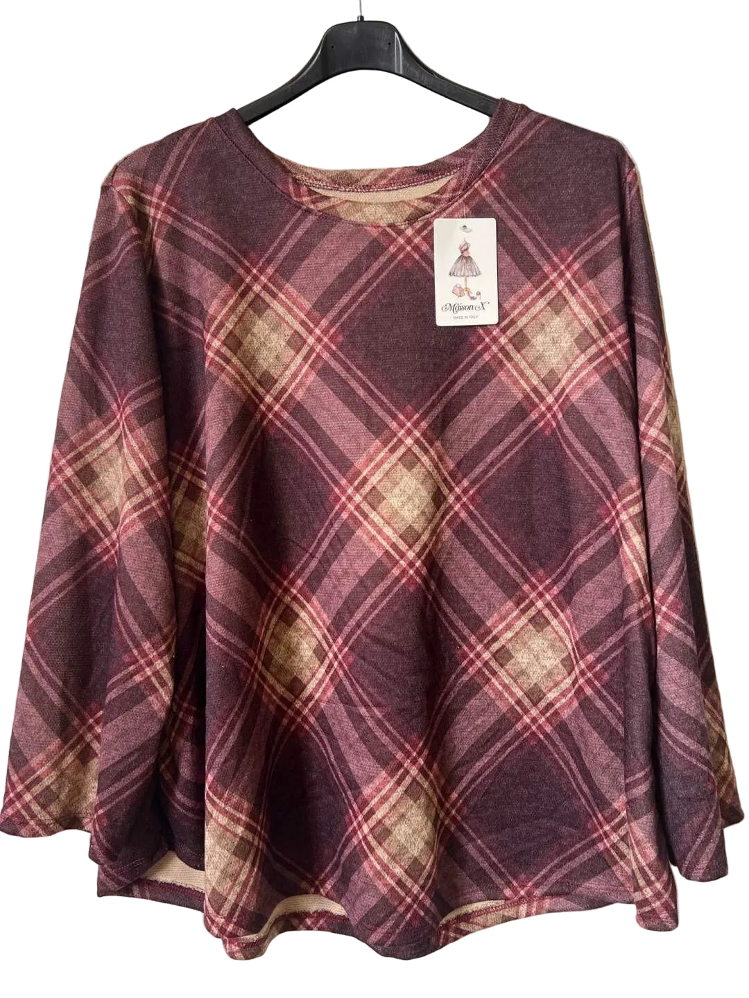 A women's long-sleeve top with a diagonal plaid pattern in burgundy, pink, and beige