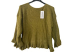 An olive green knit sweater with a crew neck and long sleeves, 