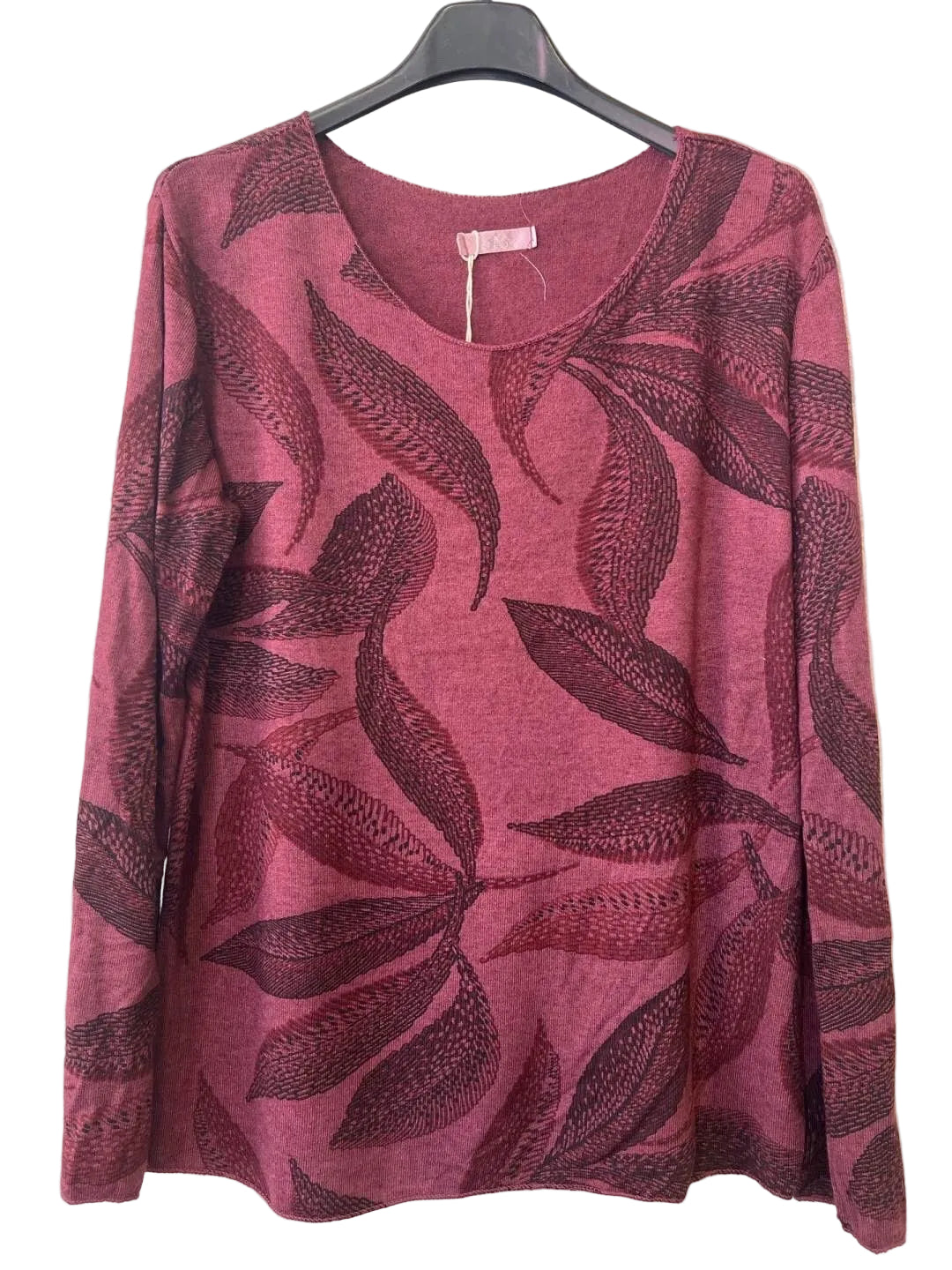 A women's long-sleeve scoop neck top in burgundy, featuring a dark burgundy leaf pattern across the front, 