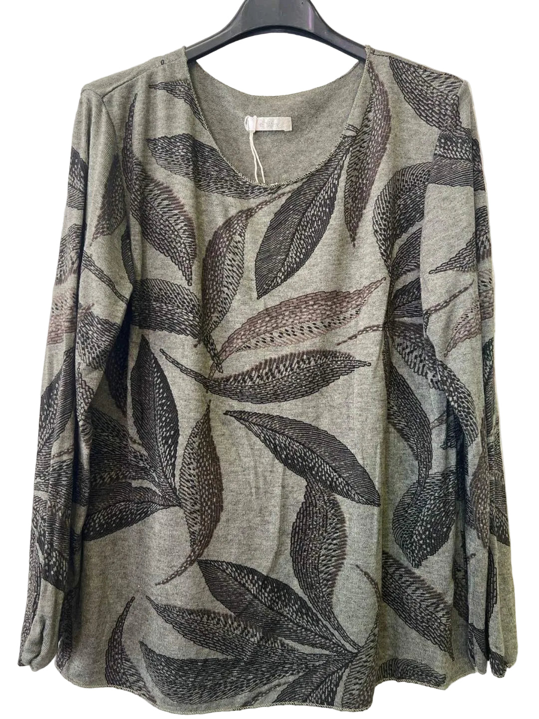 A women's long-sleeve top with an all-over abstract leaf pattern in shades of grey, brown, and black on a soft khaki colour