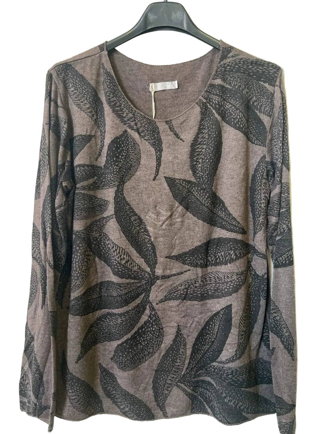 A long-sleeve crewneck top with a brown and black leaf pattern,