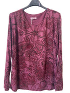A long-sleeve scoop-neck top in a dusty rose or mauve color, featuring a dark paisley and floral jacquard pattern.