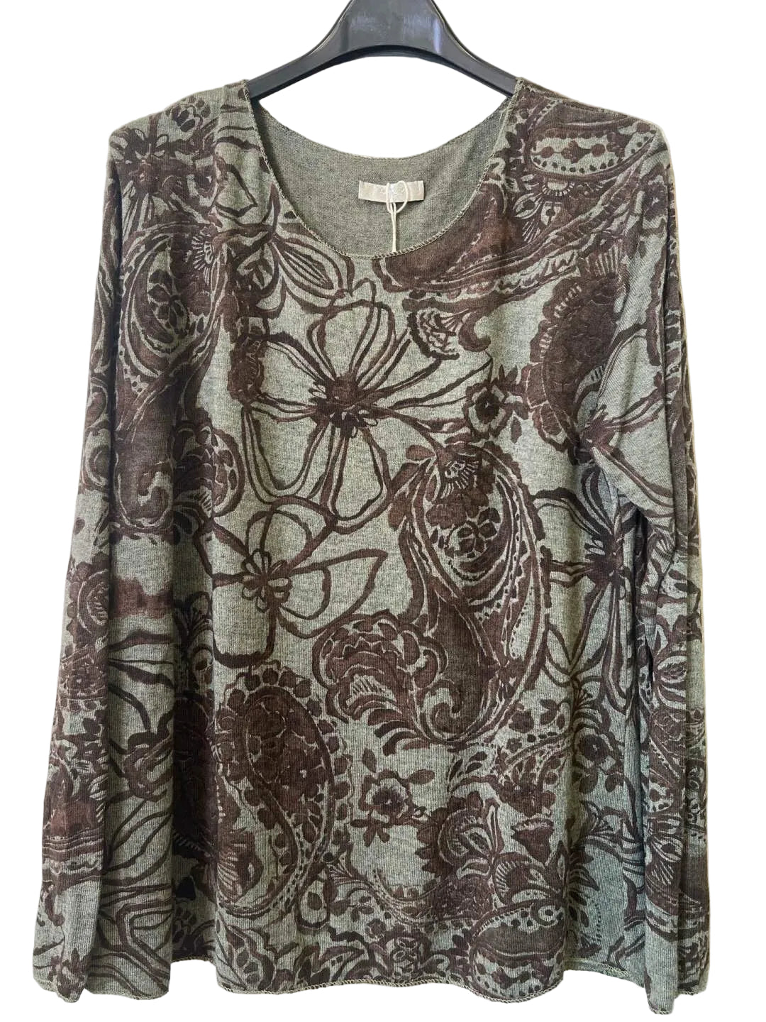 A women's long-sleeve khaki sweater with a floral pattern 