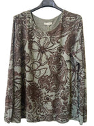 A women's long-sleeve khaki sweater with a floral pattern 