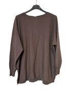 A brown ribbed knit long-sleeve sweater