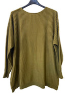 An olive green ribbed knit sweater with long sleeves 