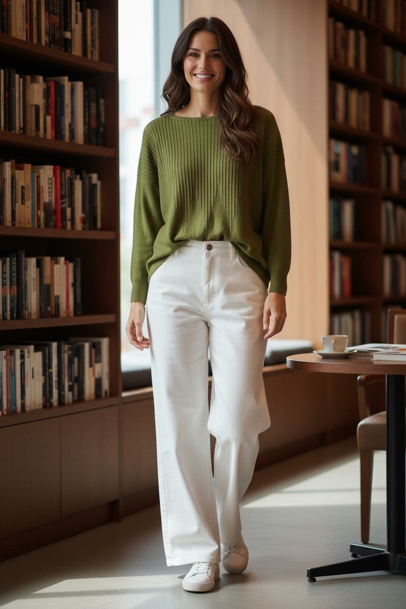 A woman stands in a sunlit library wearing a ribbed olive green long-sleeve sweater, white wide-leg pants, and white sneakers.
