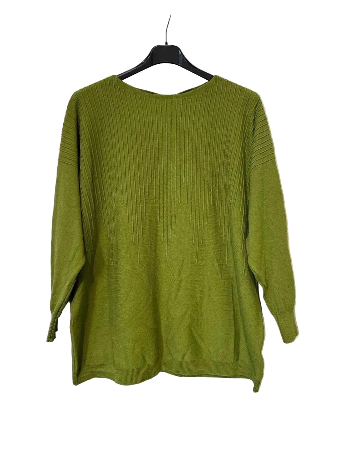 An olive green ribbed knit long-sleeve top hanging on a black hanger against a textured gray wall.