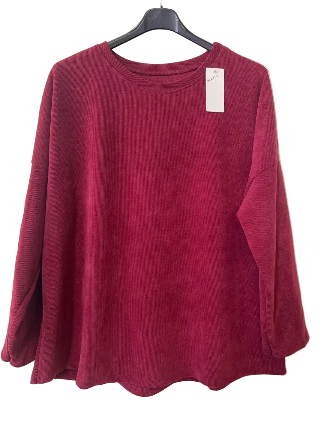 A deep burgundy long-sleeve crewneck top hanging 