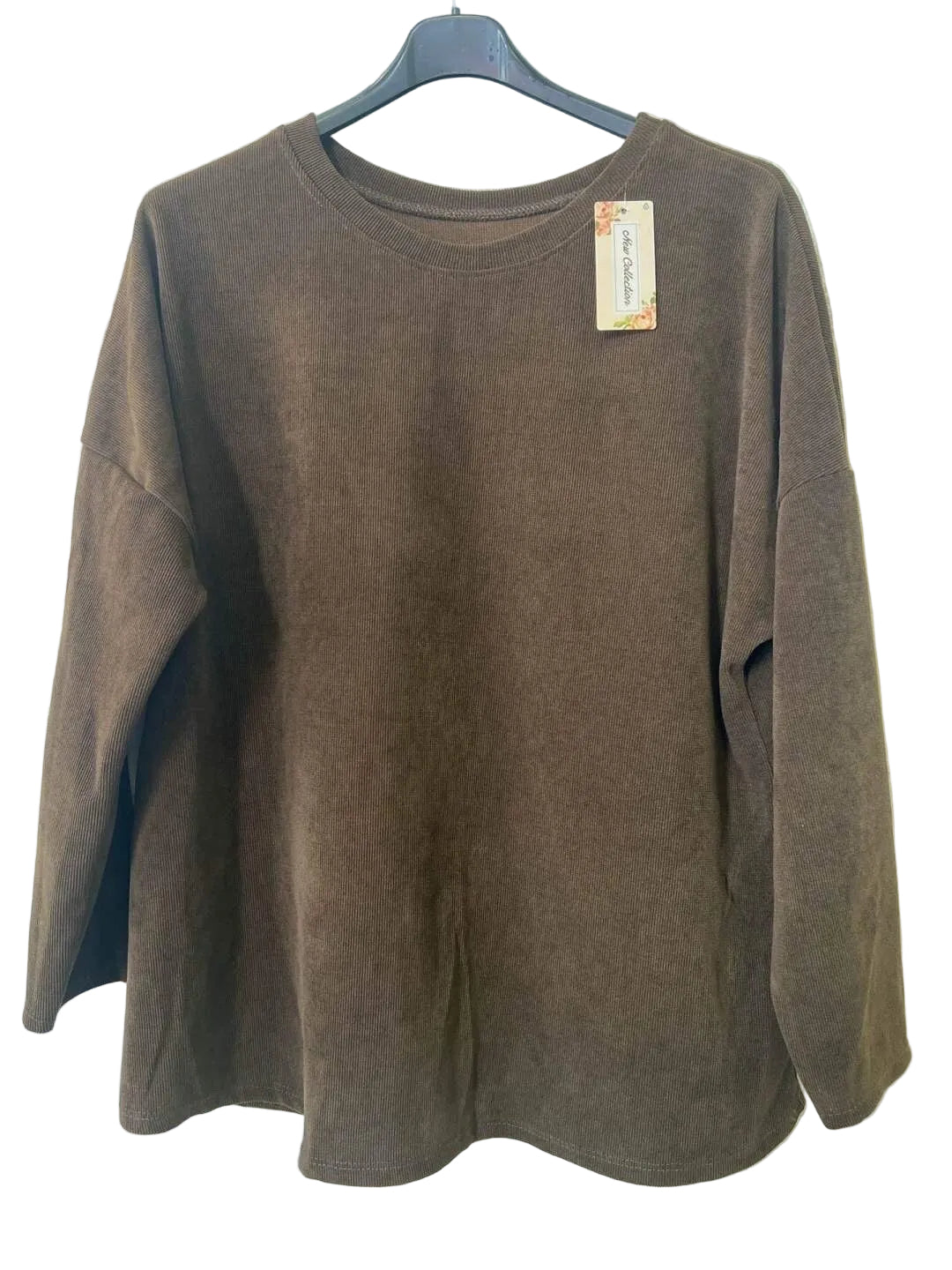 A brown long-sleeve crewneck top hanging 
