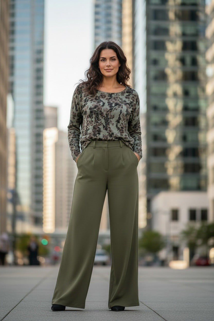 A woman stands on a city sidewalk wearing a long-sleeve camouflage-patterned top and olive green wide-leg pants, with blurred skyscrapers in the background.