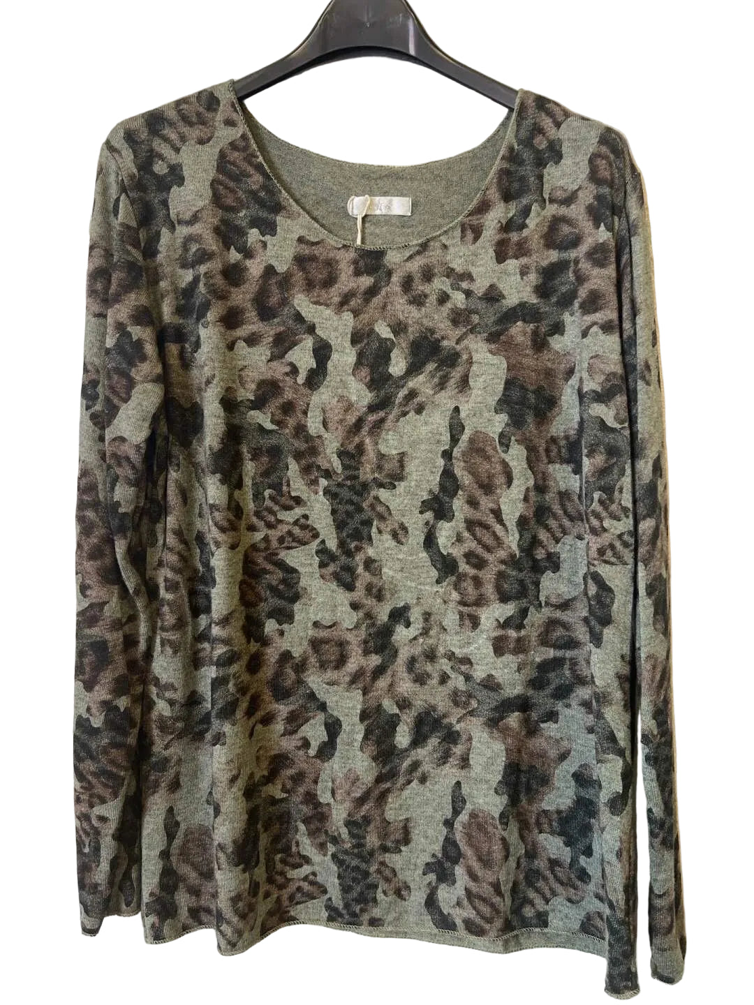A long-sleeve crewneck top with an abstract leopard print pattern in olive green, brown, and black