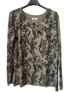 A long-sleeve crewneck top with an abstract leopard print pattern in olive green, brown, and black