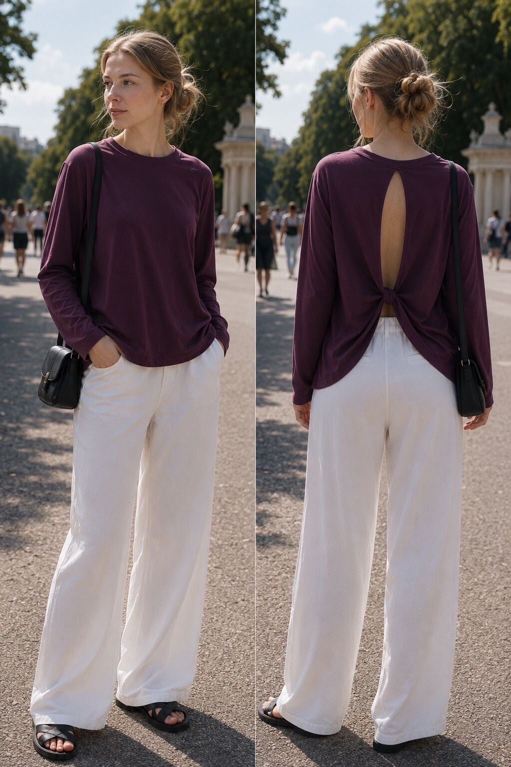 A woman shown in a split front and back view wearing a dark purple long-sleeve top with a back cutout and knot detail, paired with white wide-leg pants and black sandals, outdoors on a paved walkway.