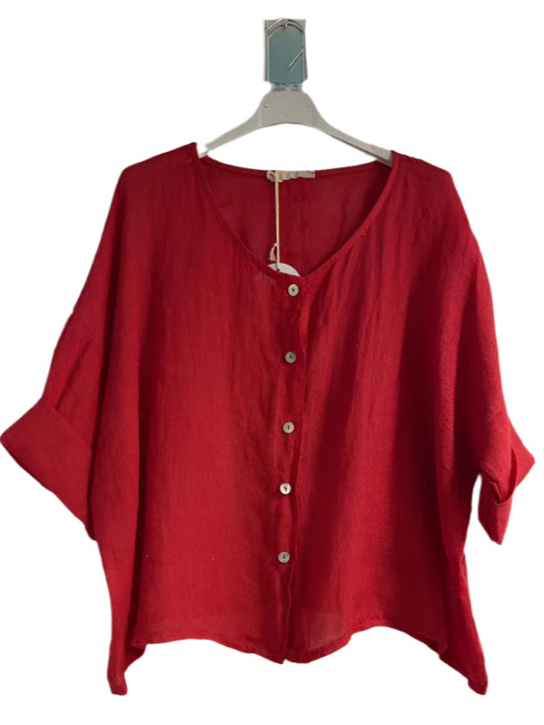 A red one size pure linen button fronted collarless shirt 
