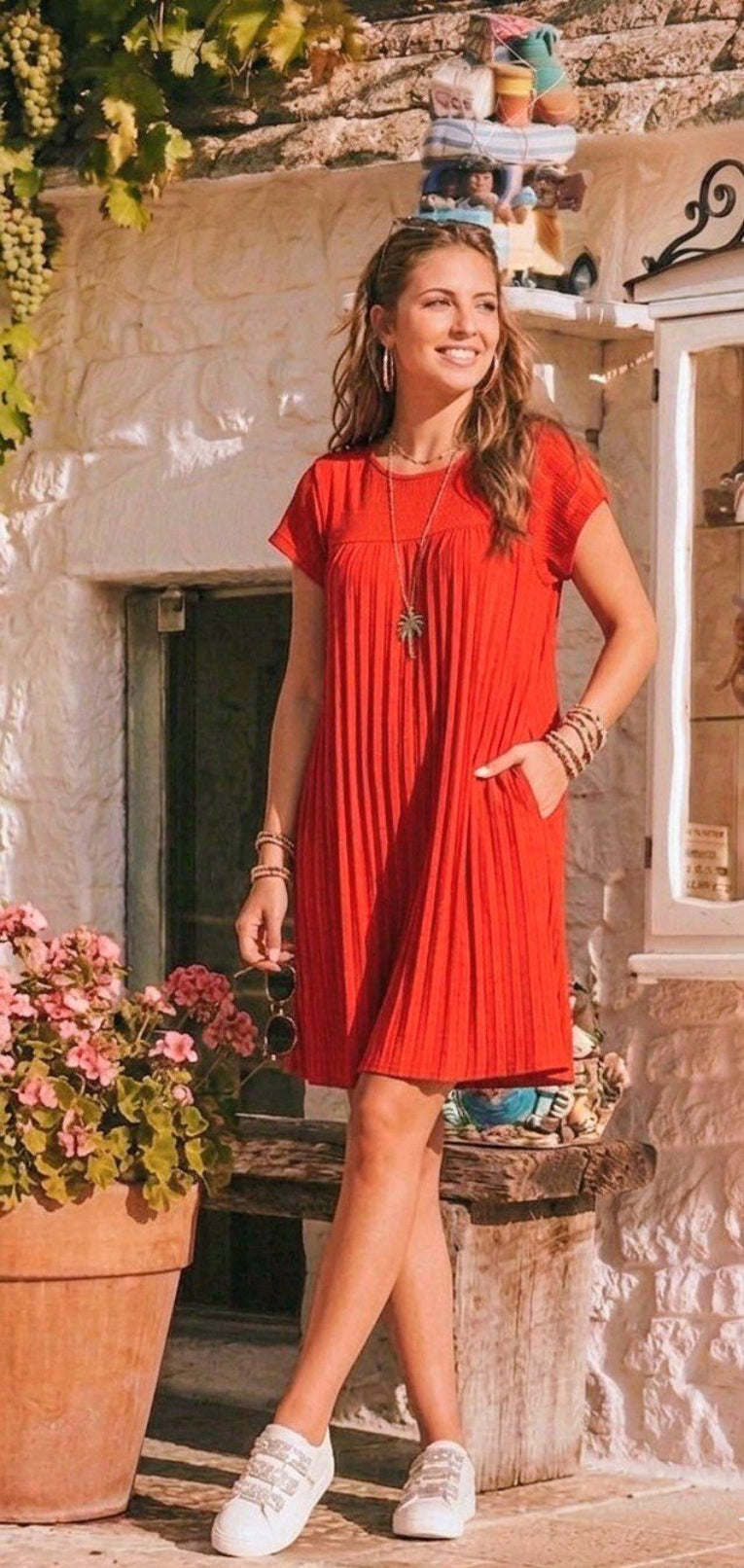 red pleated dress with short sleeves