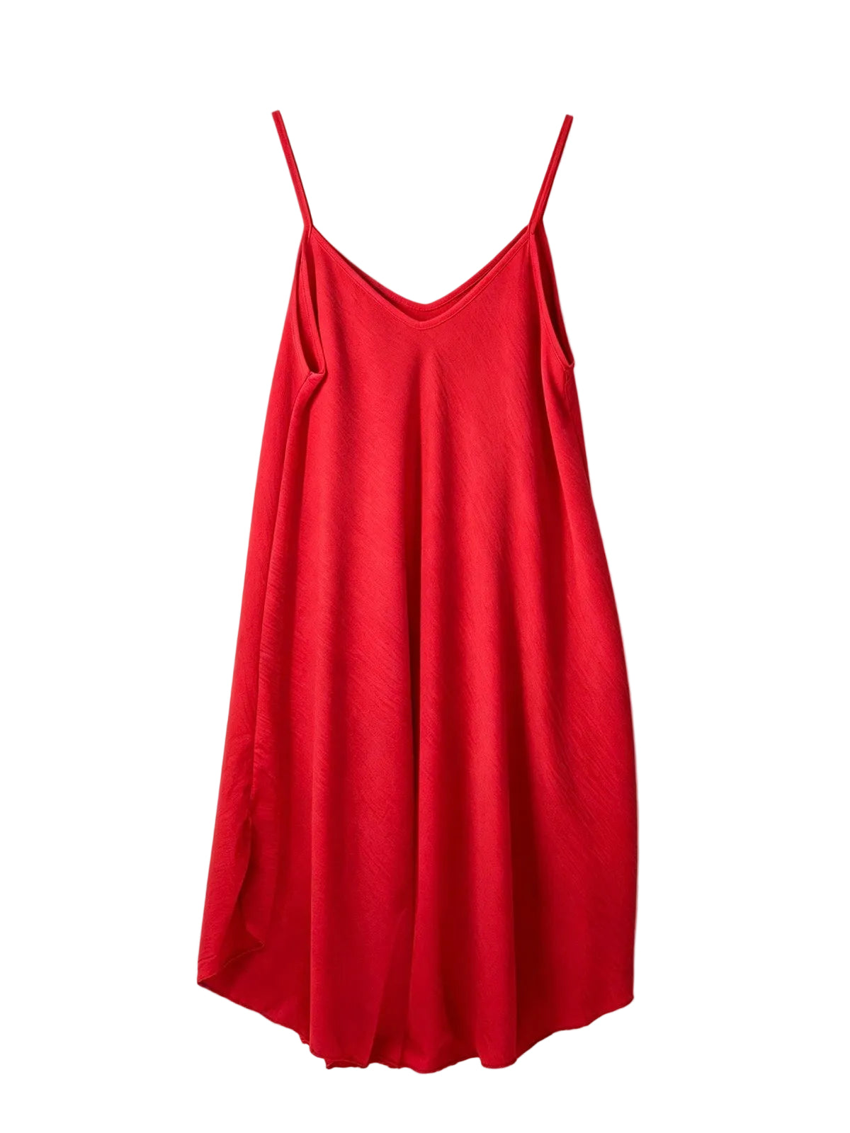 A red slip-on camisole dress with thin spaghetti straps and a V-neckline, displayed against a plain off-white background.