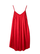 A red slip-on camisole dress with thin spaghetti straps and a V-neckline, displayed against a plain off-white background.