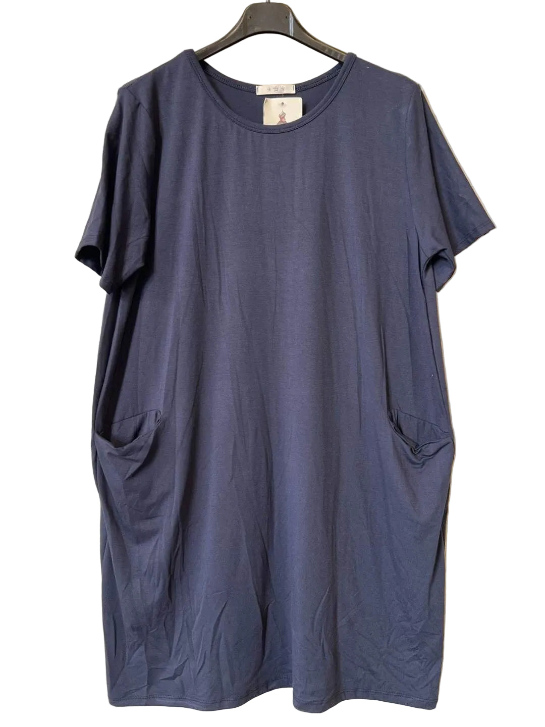 A short-sleeve crewneck t-shirt dress in a blue color