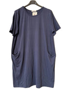 A short-sleeve crewneck t-shirt dress in a blue color