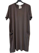A dark brown short-sleeve tunic dress with side pockets
