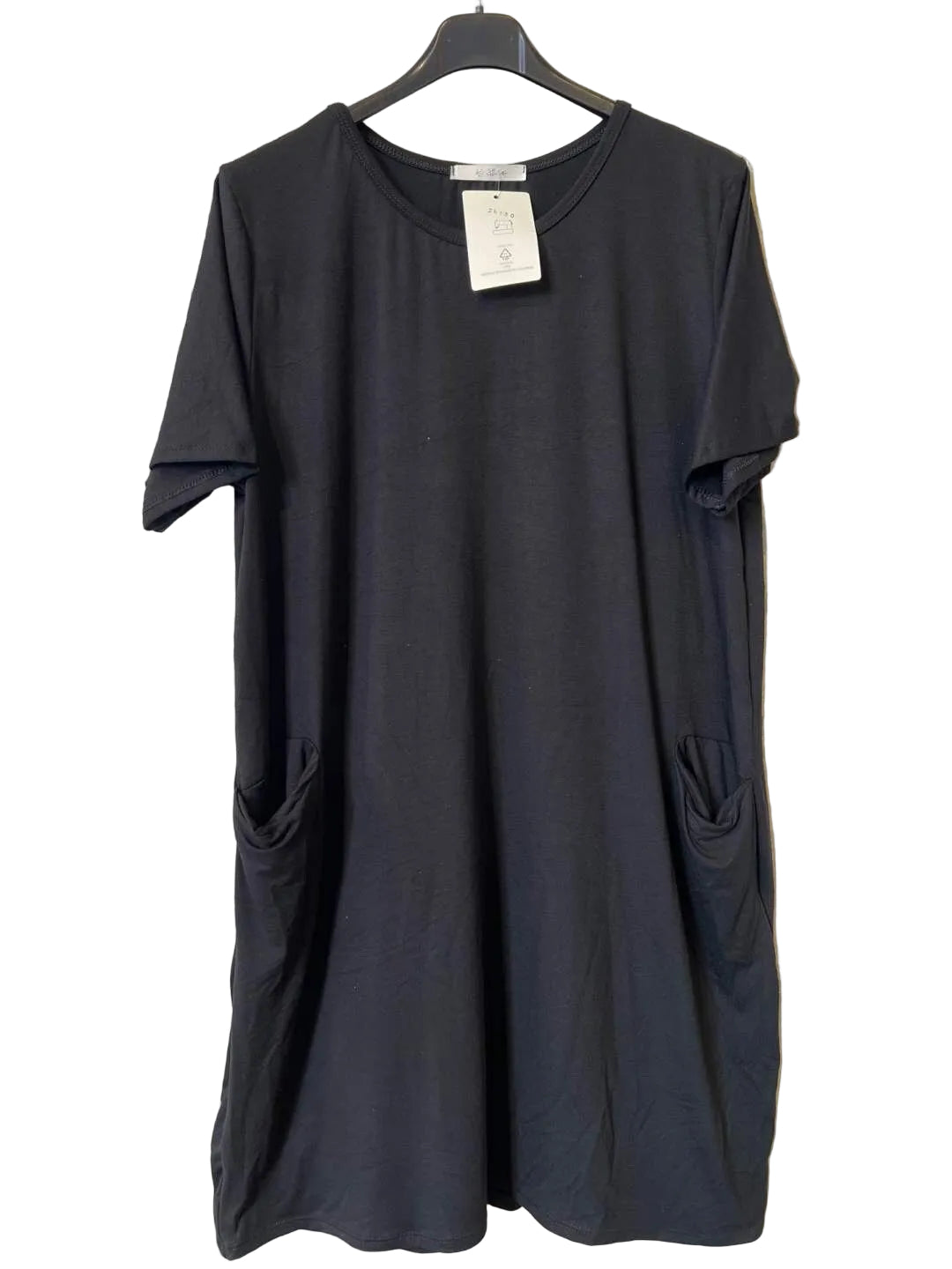 A black short-sleeve t-shirt dress with side pockets,