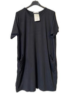 A black short-sleeve t-shirt dress with side pockets,