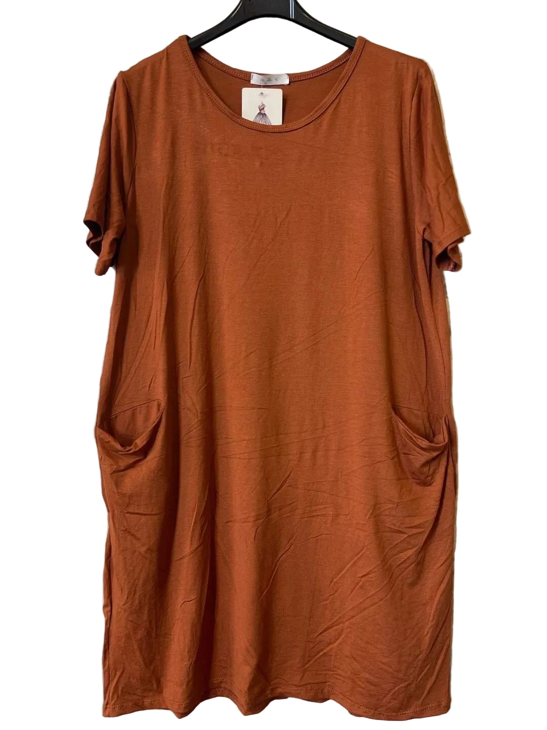 A rust-orange short-sleeve tunic dress with side pockets
