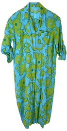 A vintage-style short-sleeve button-up shirt dress featuring a retro floral pattern in lime green and turquoise blue, displayed against a plain white background.