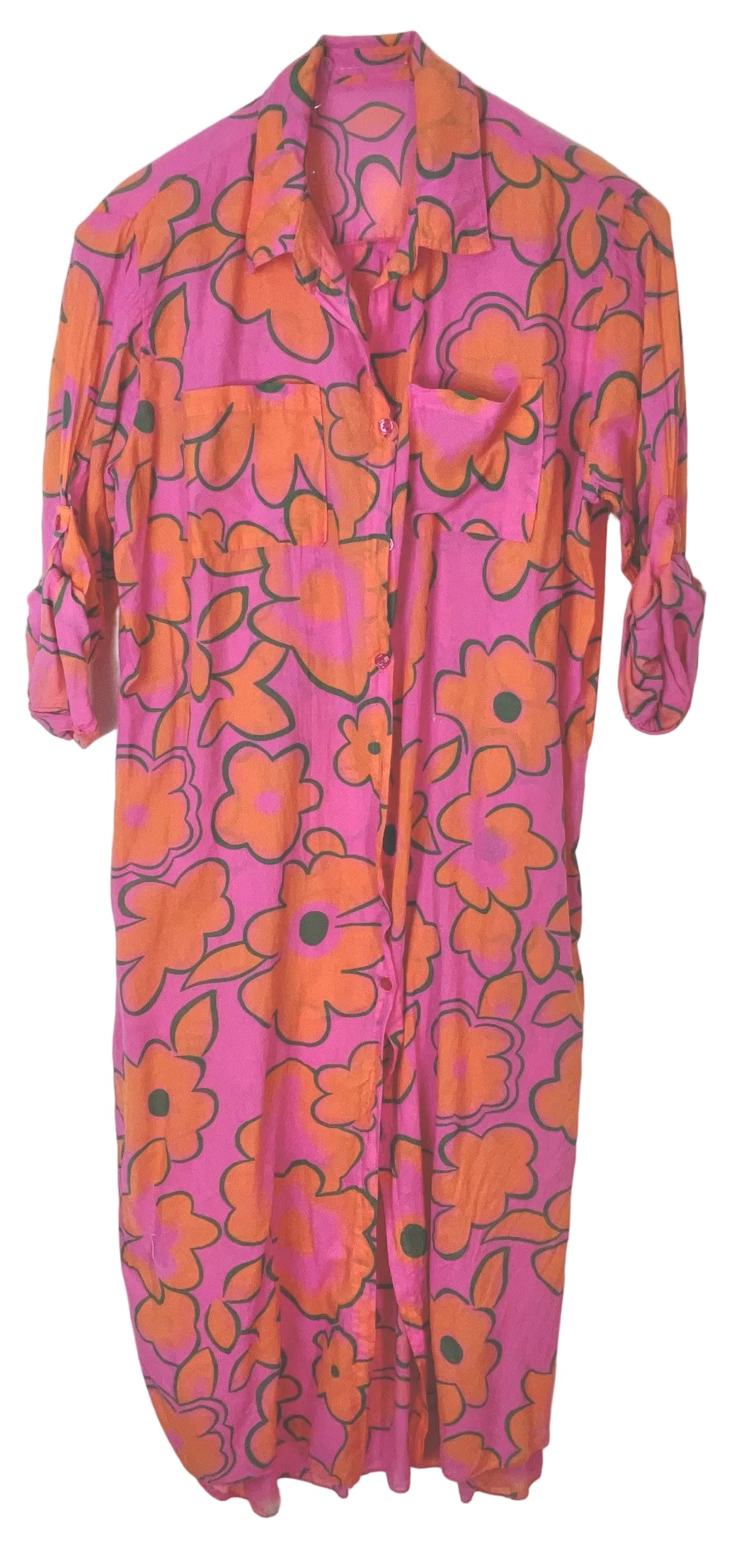 A pink and orange floral print shirt dress with a pointed collar and three-quarter sleeves, shown hanging against a plain white background.
