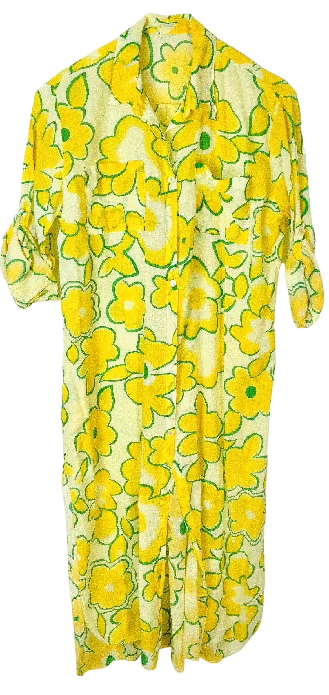 A yellow and green floral print shirt dress with a button-up front and three-quarter sleeves, shown against a plain white background.