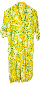 A yellow and green floral print shirt dress with a button-up front and three-quarter sleeves, shown against a plain white background.