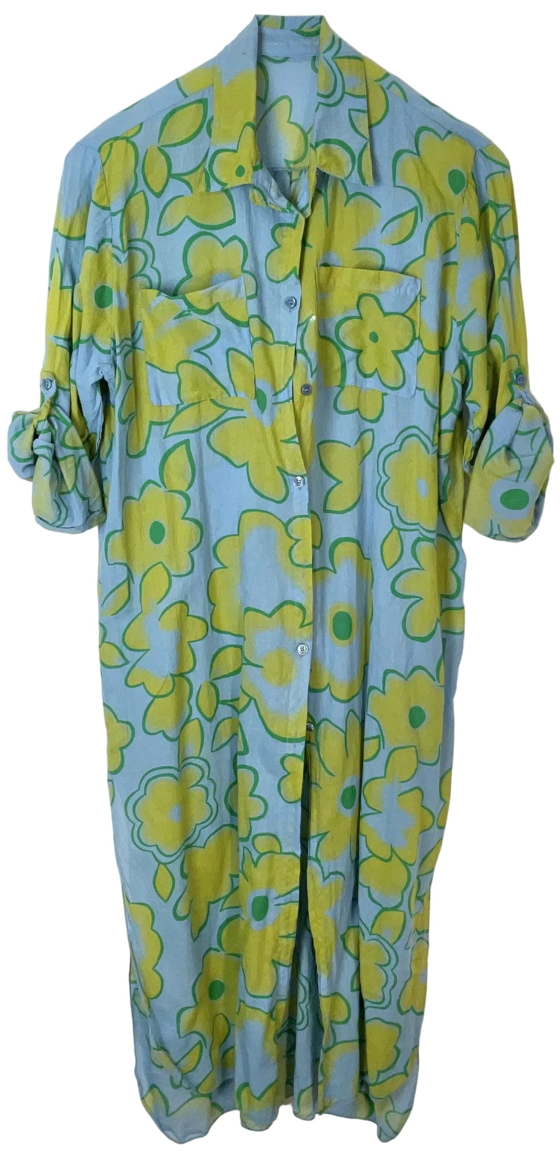A blue button-up shirt dress with a retro floral pattern in yellow and green, featuring rolled-up sleeves and a pointed collar.
