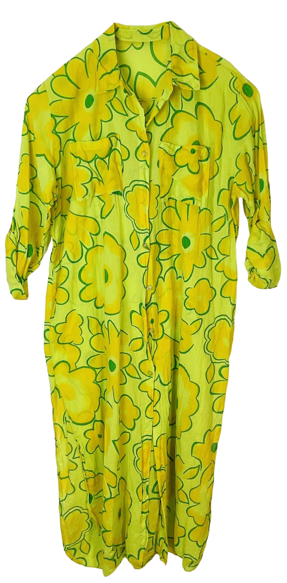 A long-sleeve button-up shirt dress featuring a retro floral pattern in vibrant lime green and yellow, displayed against a plain white background.