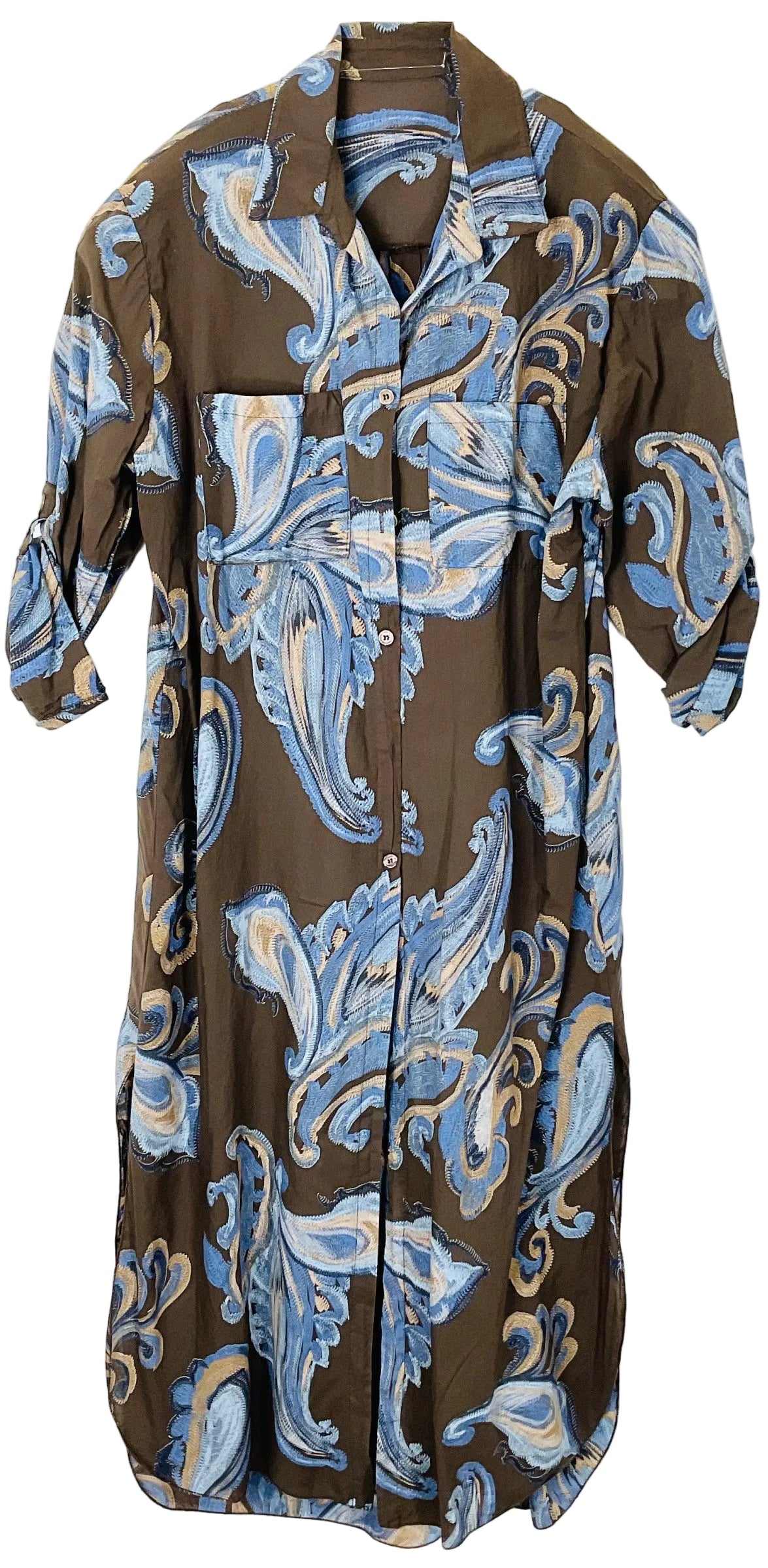 A brown long-sleeve button-up shirt dress featuring a blue and beige paisley pattern, displayed against a plain white background.