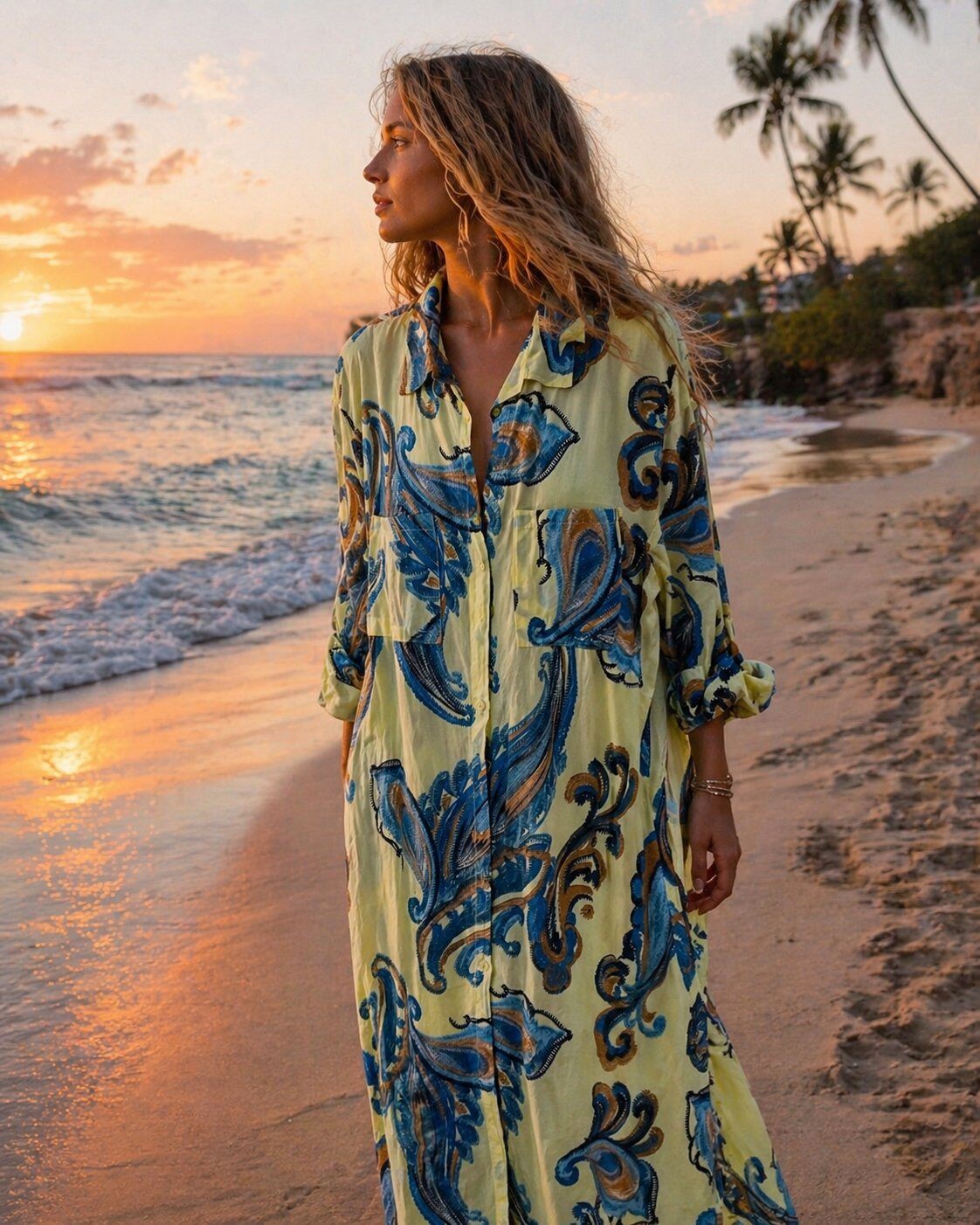 A woman stands on a beach at sunset wearing a long-sleeve button-front dress with a pale yellow base and a bold blue and dark brown ornamental print.