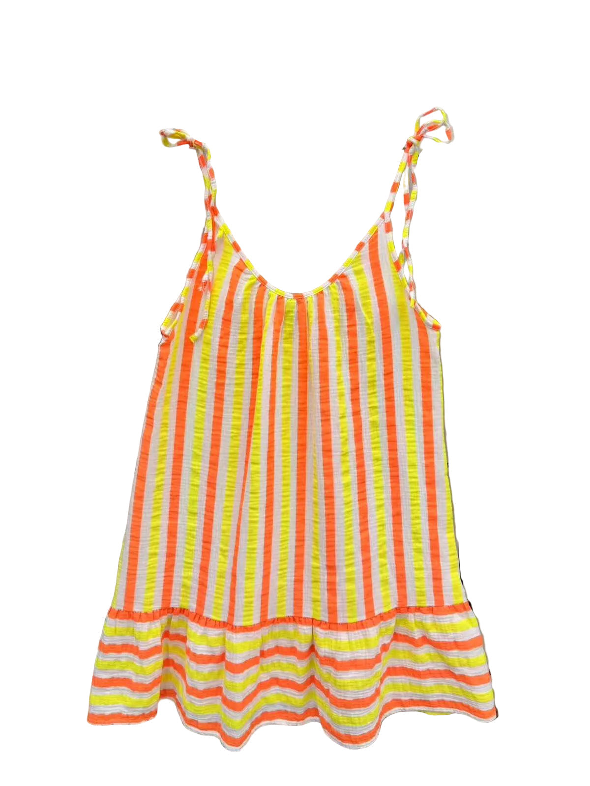 A sleeveless cotton dress with vertical neon orange, yellow, and white stripes, featuring tie-shoulder straps and a ruffled hem
