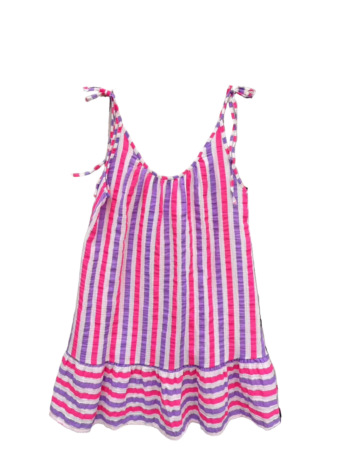A sleeveless striped dress with pink, purple, and white vertical stripes, featuring tie-shoulder straps and a ruffled hem,
