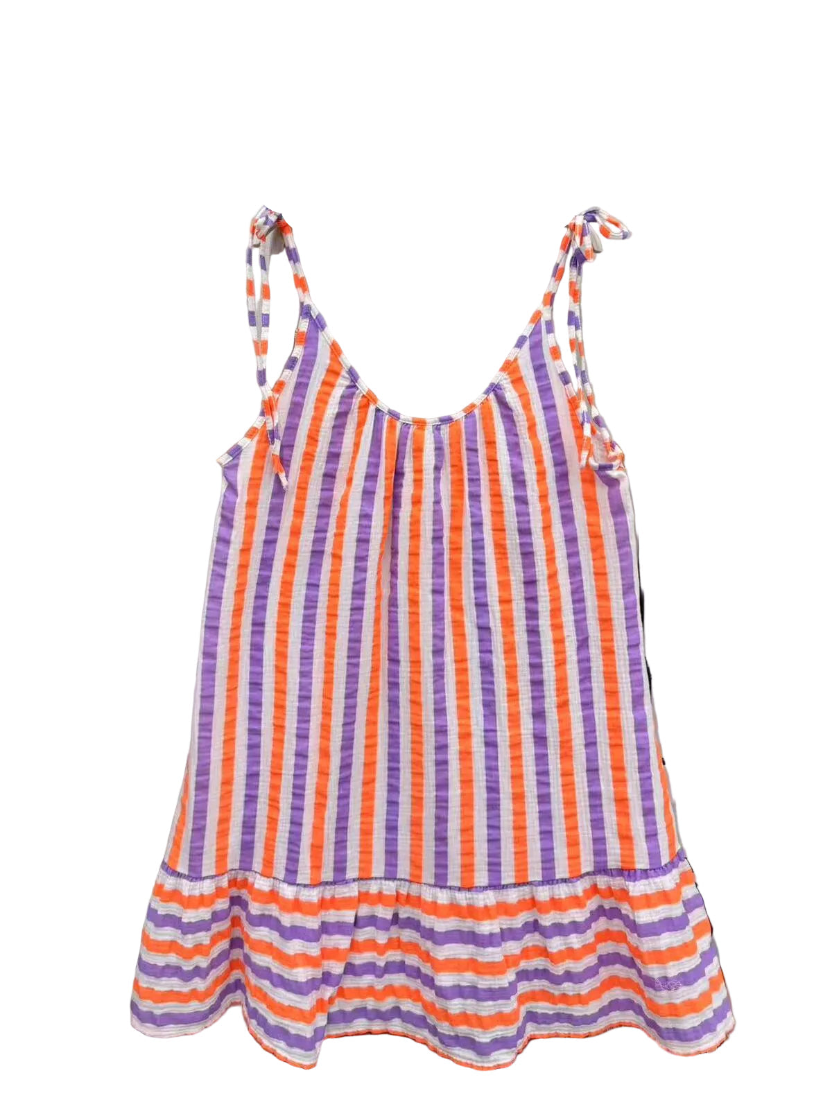 A sleeveless striped dress with thin shoulder straps, featuring vertical stripes in purple, orange, and white
