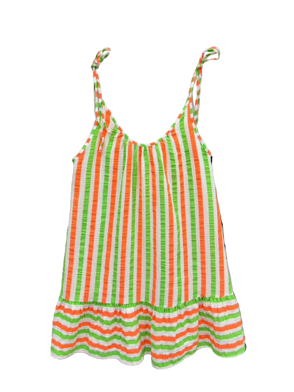 A sleeveless tie-strap dress with vertical orange, green, and white stripes,