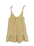 A sleeveless tie-strap dress with vertical orange, green, and white stripes,
